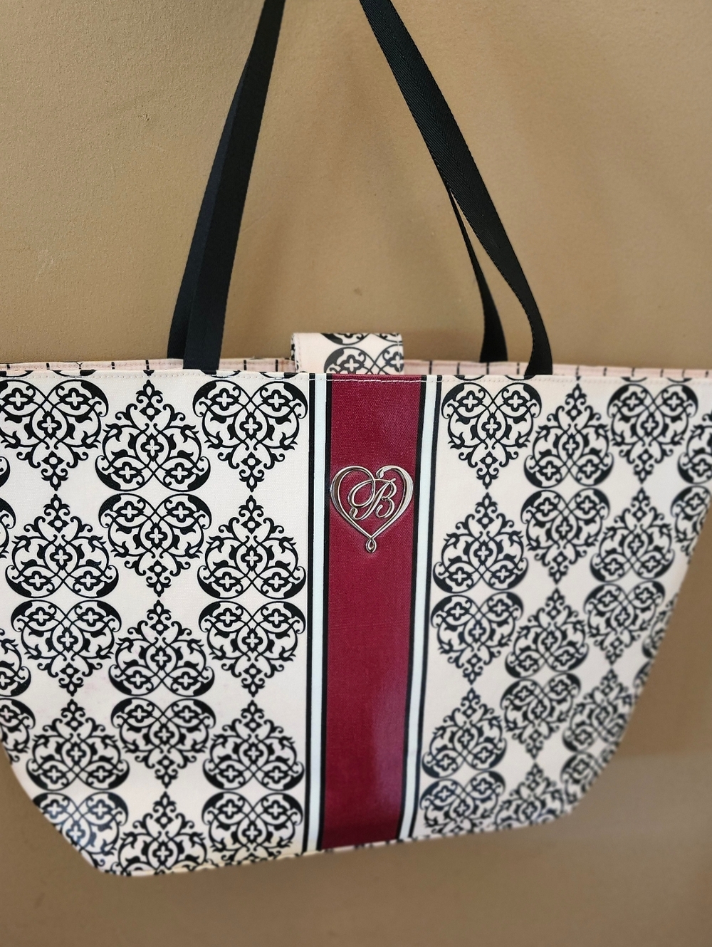 Brighton Cream, Black And Burgundy Coated Canvas Tote Bag